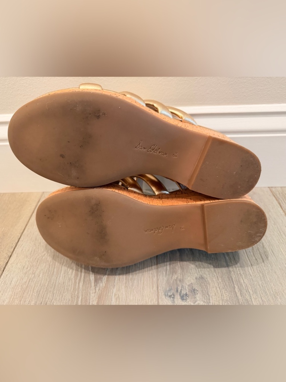 Sam Edelman Yuki Gold Metallic Cork Wedge Slide Sandals Strappy Platform 8.5 - Picture 8 of 11